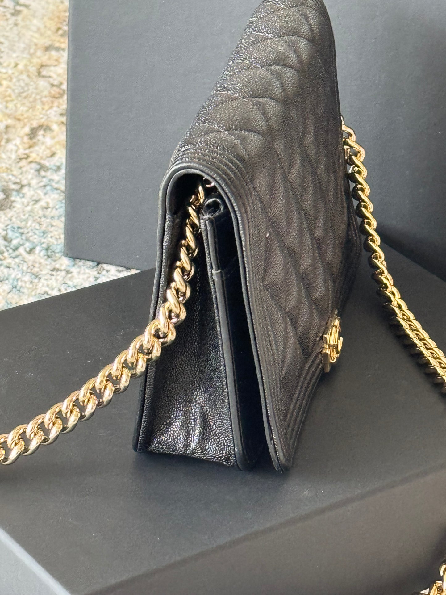 Circa 2019 SC-A81969 Chanel Le Boy Wallet on Chain WOC Shiny Black Caviar (Embossed/Pebbled Grained Calfskin)/Viscose Inner Lining/MSHLG-Metal Shiny Light Gold Hardware  (SN 28)