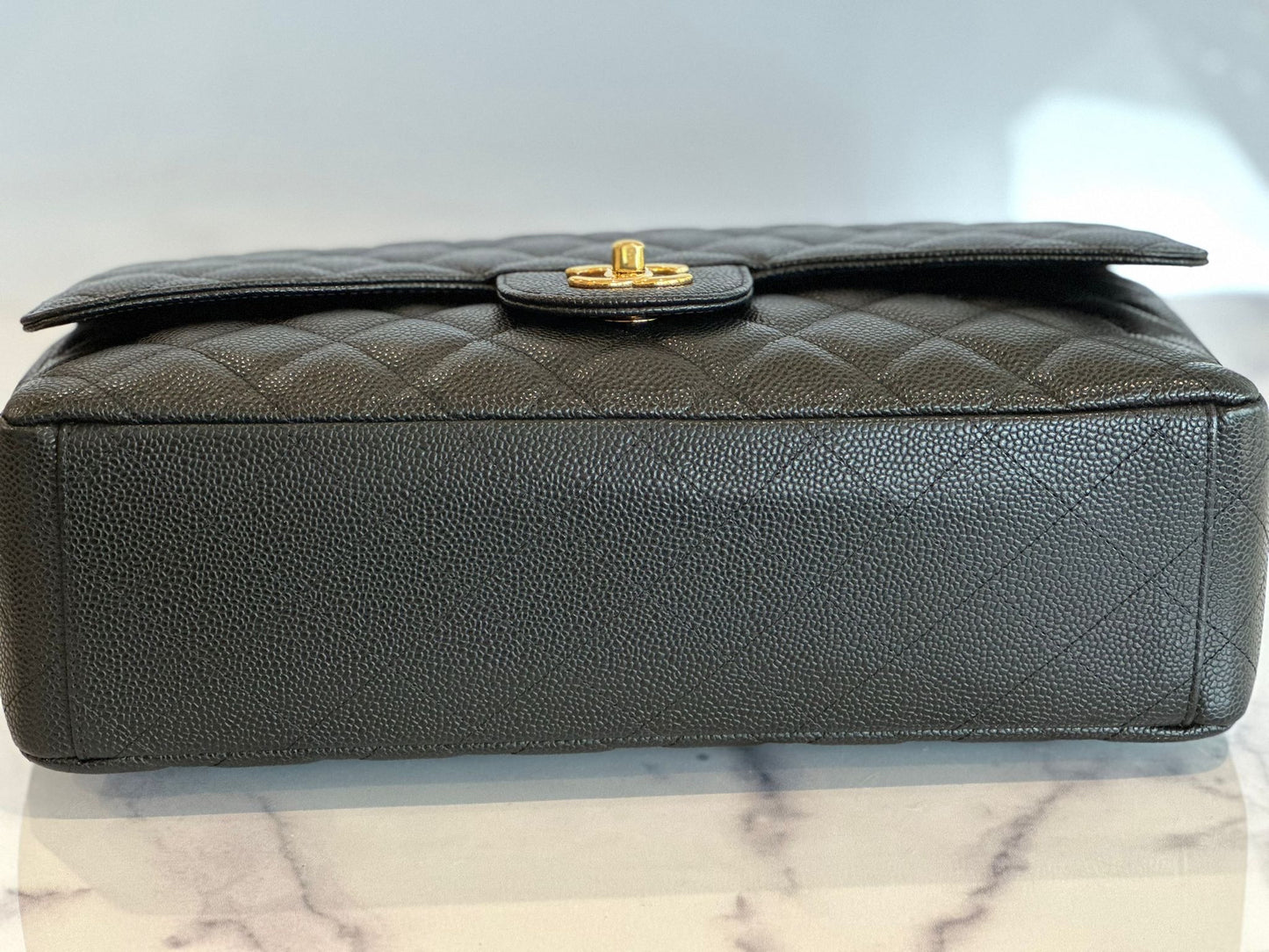 09 SC-A47600 CHANEL TIMELESS CLASSIC MAXI QUILTED SINGLE FLAP BLACK CAVIAR MPY/METAL PALE YELLOW (CLASSIC GOLD HARDWARE (SN 13802615)