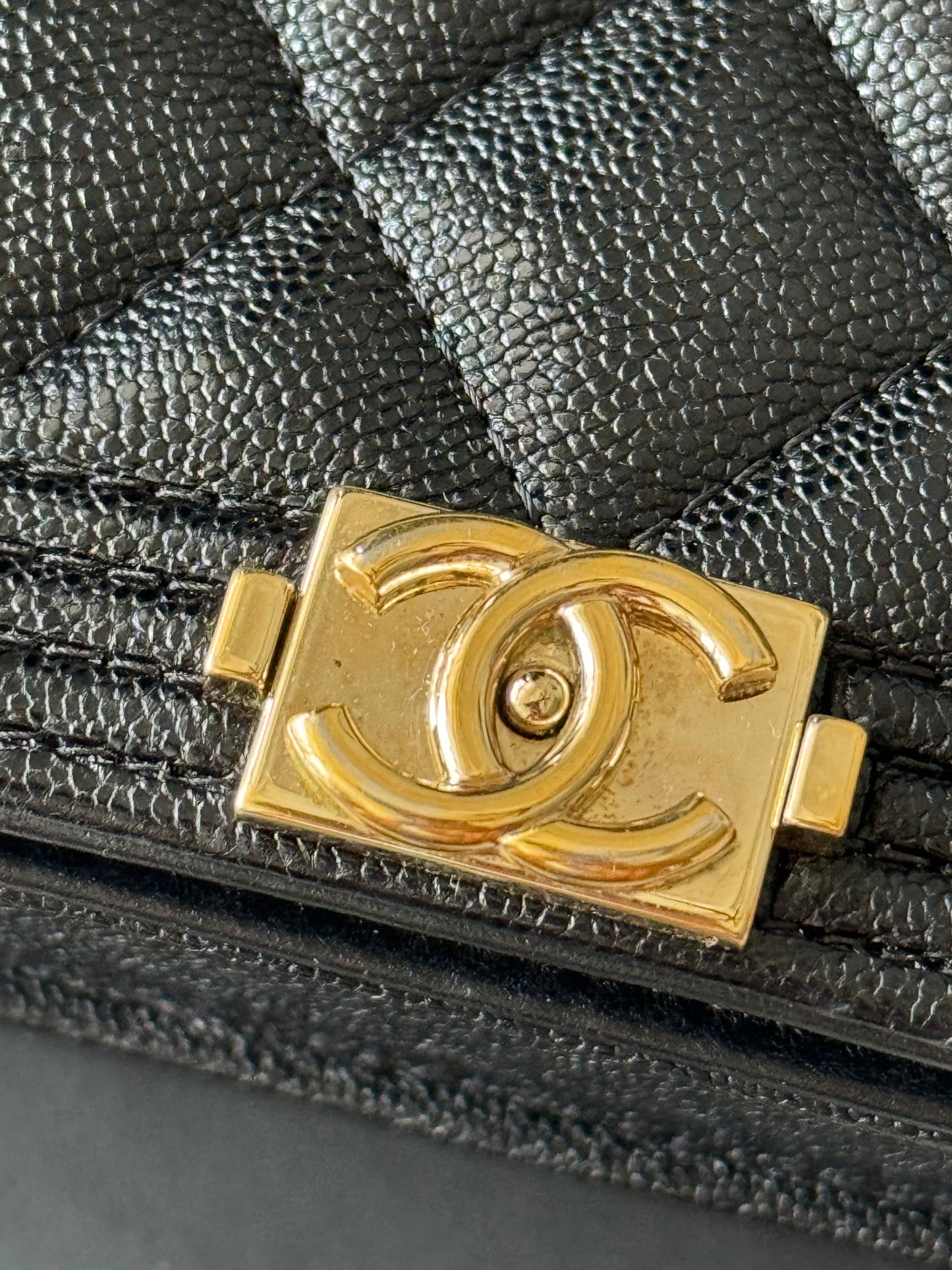 Circa 2019 SC-A81969 Chanel Le Boy Wallet on Chain WOC Shiny Black Caviar (Embossed/Pebbled Grained Calfskin)/Viscose Inner Lining/MSHLG-Metal Shiny Light Gold Hardware  (SN 28)