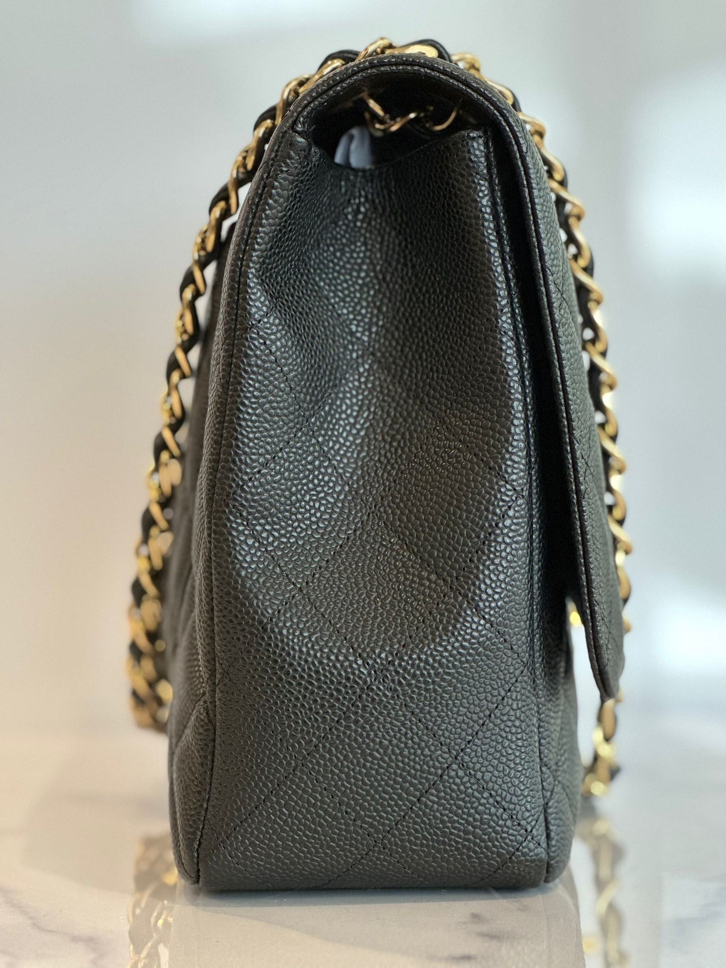 09 SC-A47600 CHANEL TIMELESS CLASSIC MAXI QUILTED SINGLE FLAP BLACK CAVIAR MPY/METAL PALE YELLOW (CLASSIC GOLD HARDWARE (SN 13802615)