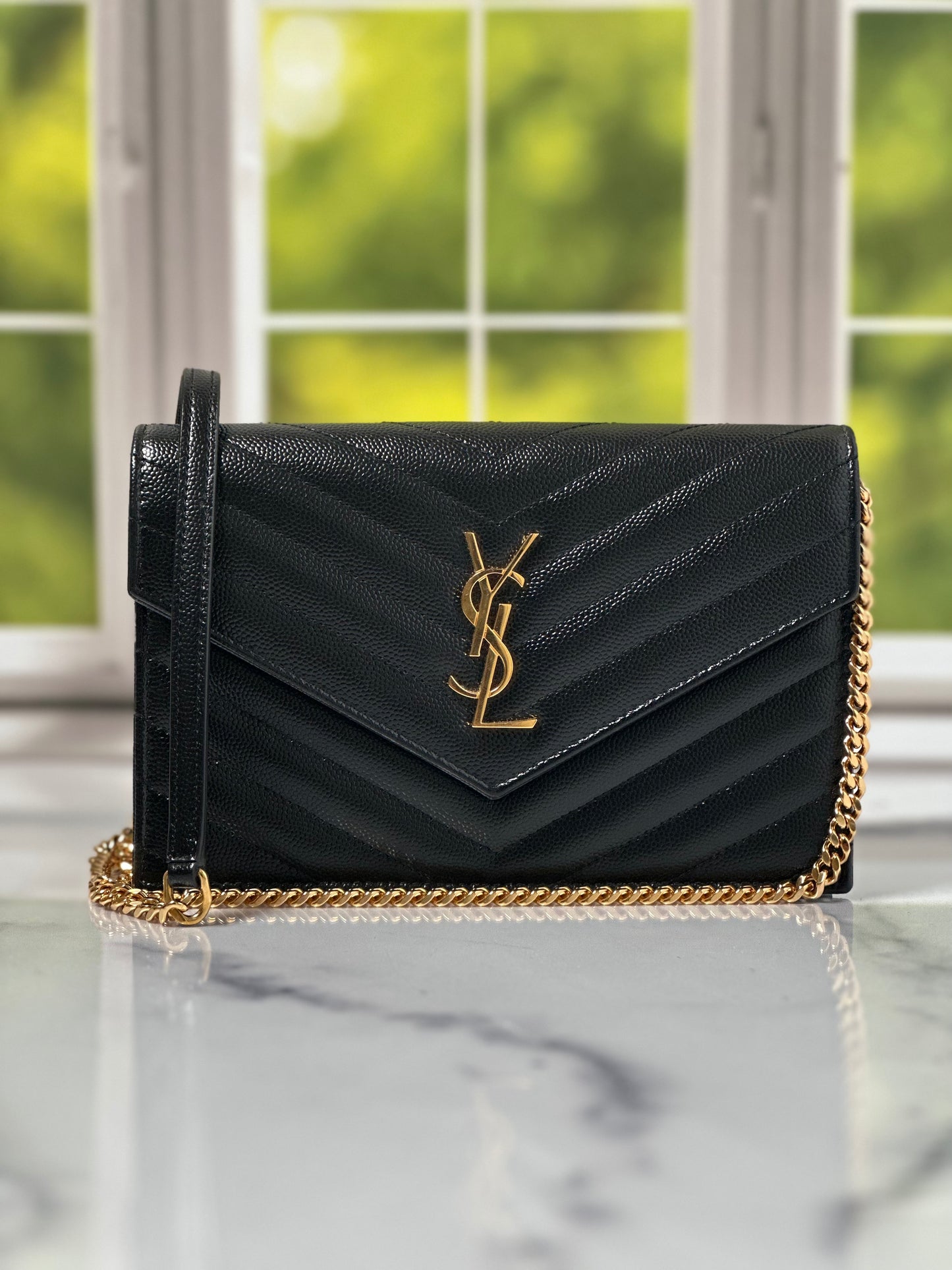 Preowned YSL Chain Wallet Mono Grain  De Poudre SL