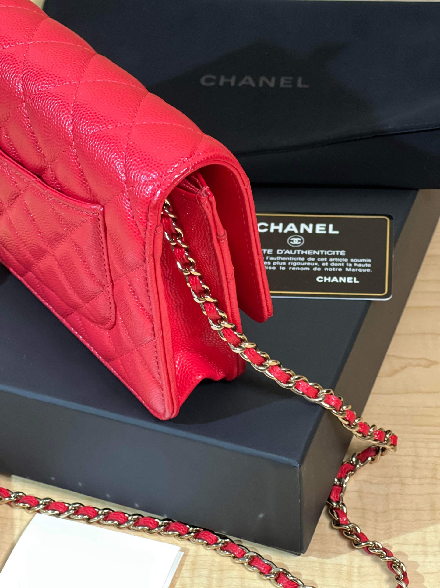 20C/Cruise 2020 SC-A33814 Chanel Timeless Classic Wallet on Chain WOC Quilted Red Caviar Caviar MSHLG/Metal Shiny Light Gold Hardware SN 28959065