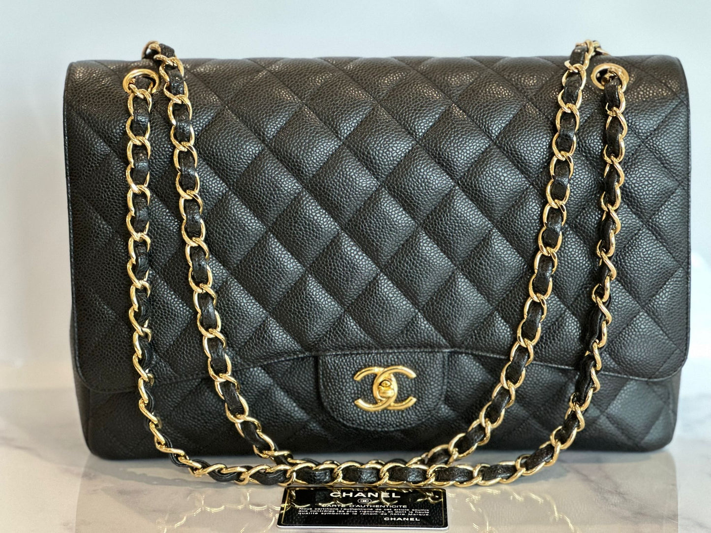 09 SC-A47600 CHANEL TIMELESS CLASSIC MAXI QUILTED SINGLE FLAP BLACK CAVIAR MPY/METAL PALE YELLOW (CLASSIC GOLD HARDWARE (SN 13802615)