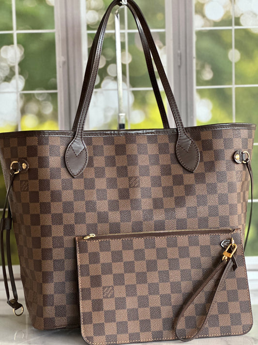 Preowned Louis Vuitton Neverful Damier Ebene MM size With pouch