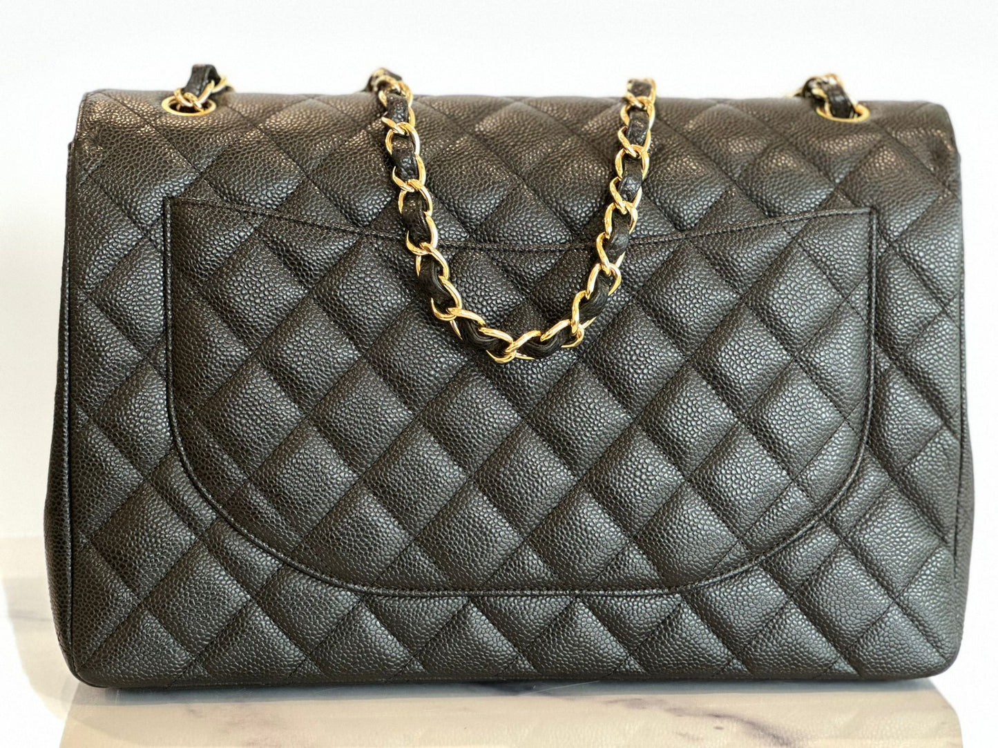 09 SC-A47600 CHANEL TIMELESS CLASSIC MAXI QUILTED SINGLE FLAP BLACK CAVIAR MPY/METAL PALE YELLOW (CLASSIC GOLD HARDWARE (SN 13802615)