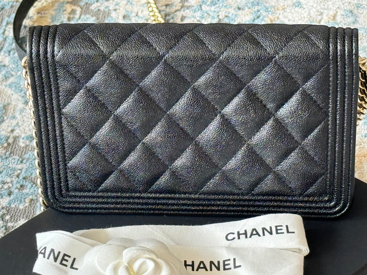 Circa 2019 SC-A81969 Chanel Le Boy Wallet on Chain WOC Shiny Black Caviar (Embossed/Pebbled Grained Calfskin)/Viscose Inner Lining/MSHLG-Metal Shiny Light Gold Hardware  (SN 28)