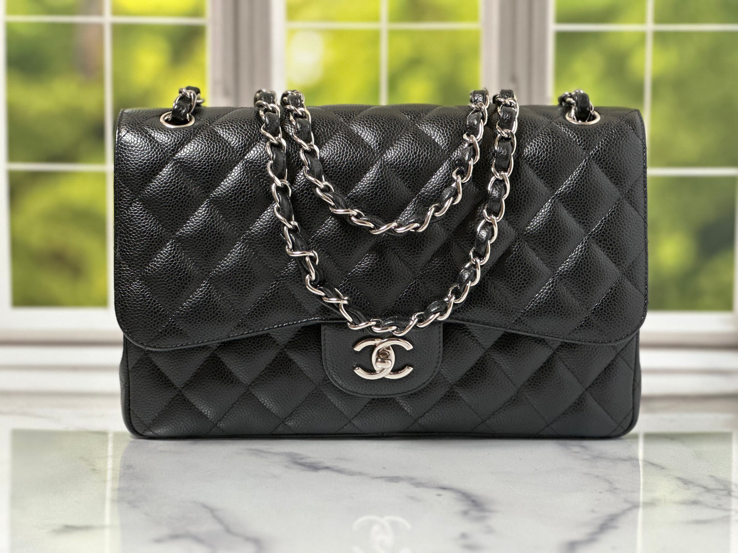 Preowned Chanel Classic Double Flap Jumbo Caviar Leather SHW  19449077