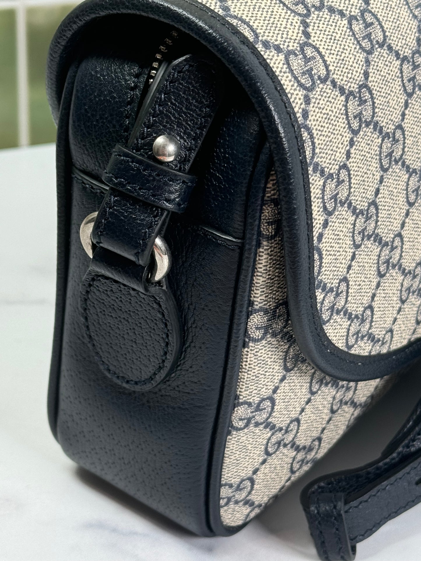 GG Supreme Monogram Textured Dollar Calfskin Web Studded Mini Ophidia Flap Shoulder Bag Beige Blue