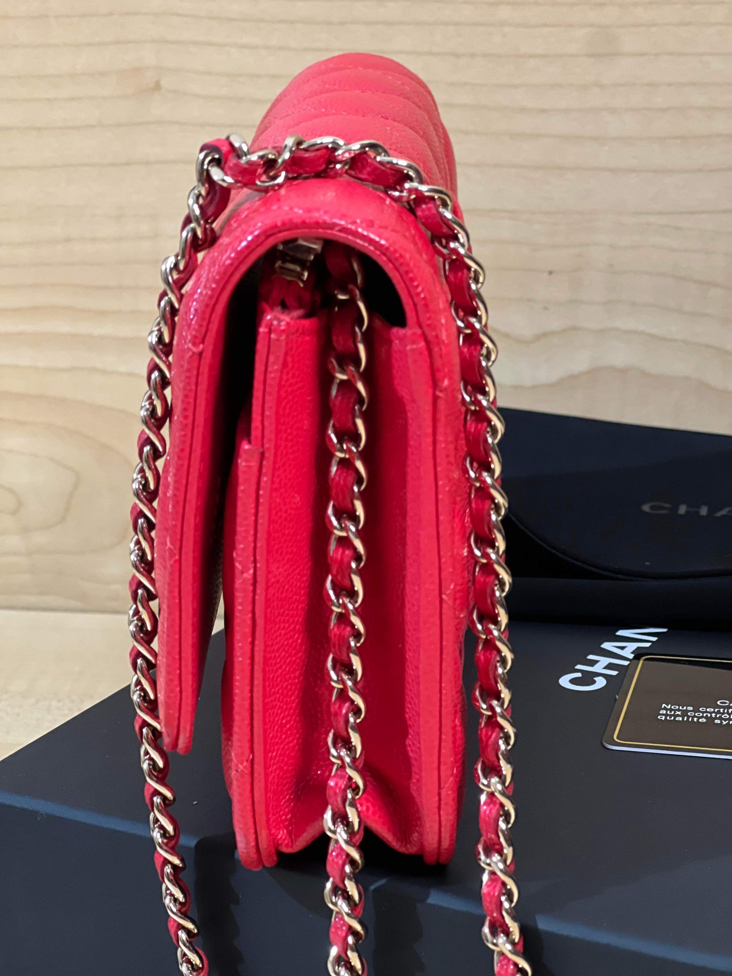 20C/Cruise 2020 SC-A33814 Chanel Timeless Classic Wallet on Chain WOC Quilted Red Caviar Caviar MSHLG/Metal Shiny Light Gold Hardware SN 28959065