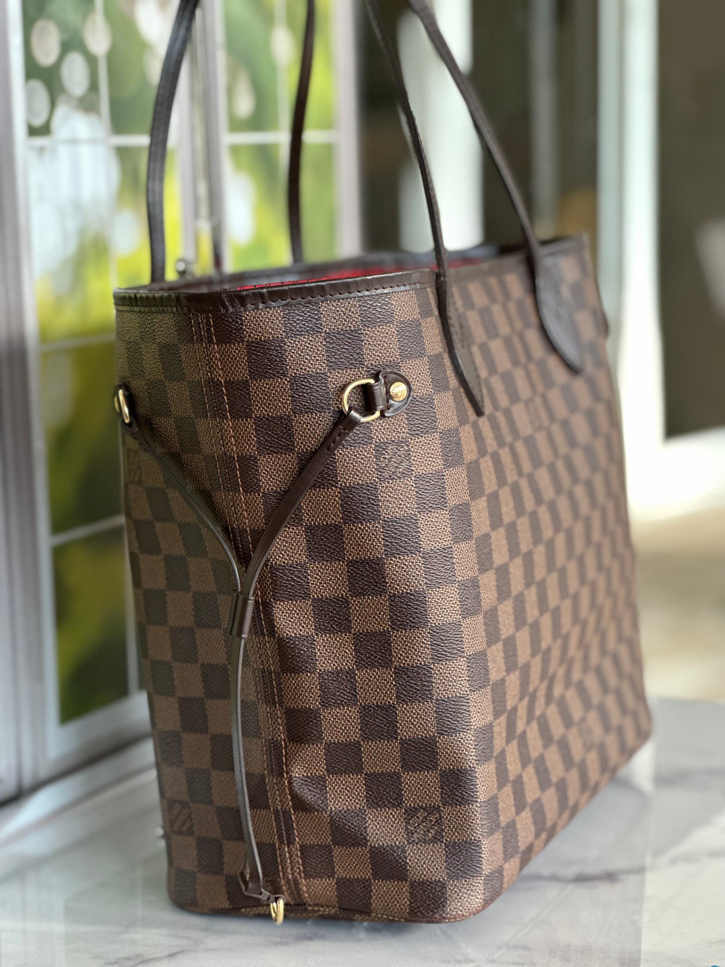 Preowned Louis Vuitton Neverful Damier Ebene MM size With pouch