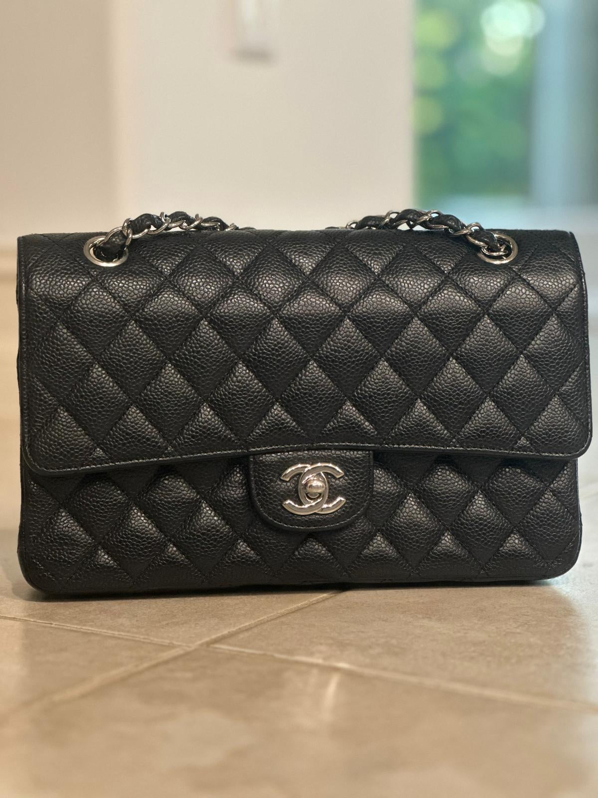 Preowned CIRCA 2013 00V SC-A01112 CHANEL 11.12 MEDIUM M/L TIMELESS CLASSIC QUILTED DOUBLE FLAP BLACK CAVIAR BORDEAUX LINING CLASSIC MW/METAL WHITE (SILVER HARDWARE) (SN 16323767)