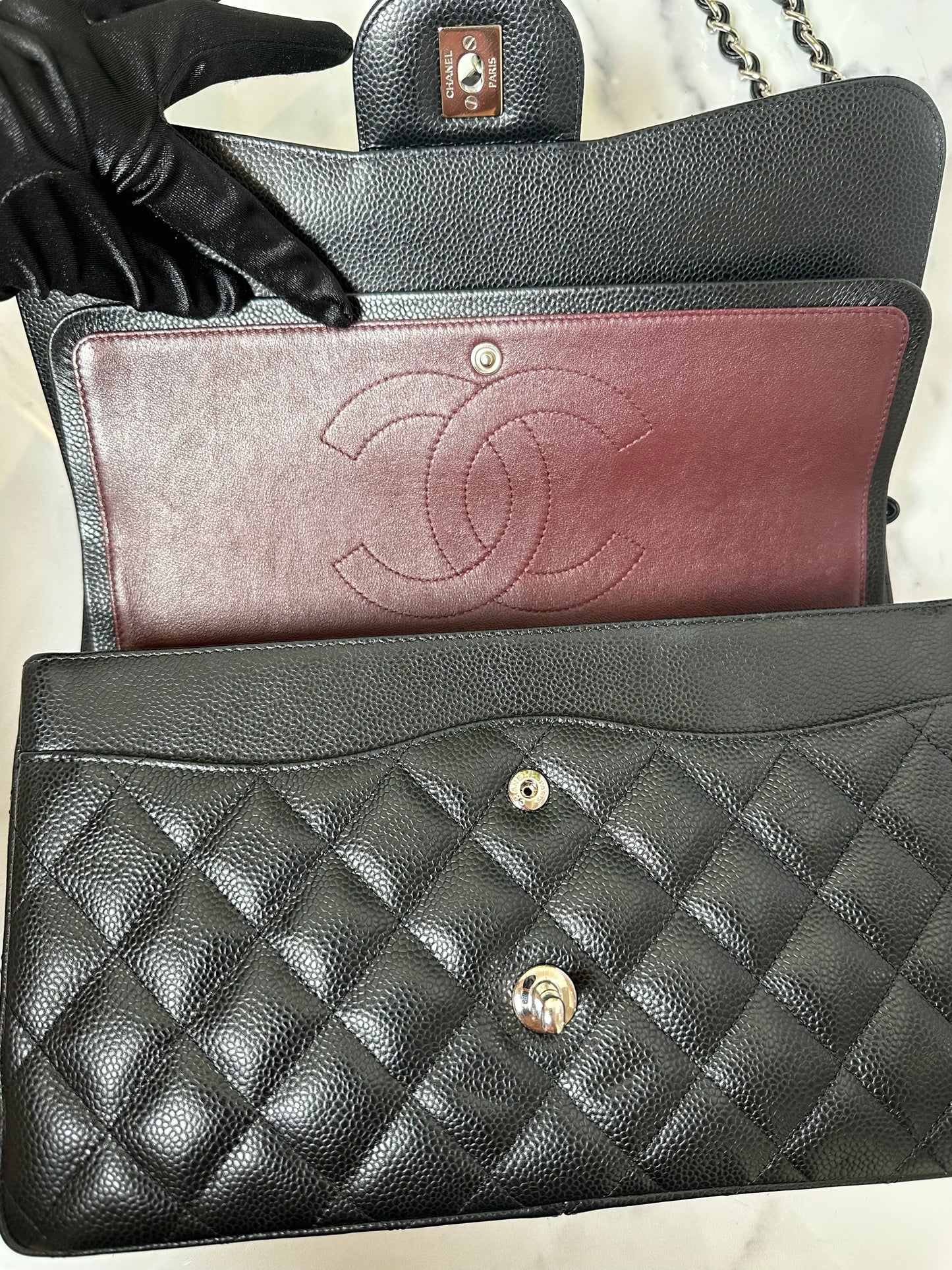 Preowned Chanel Classic Double Flap Jumbo Caviar Leather SHW  19449077