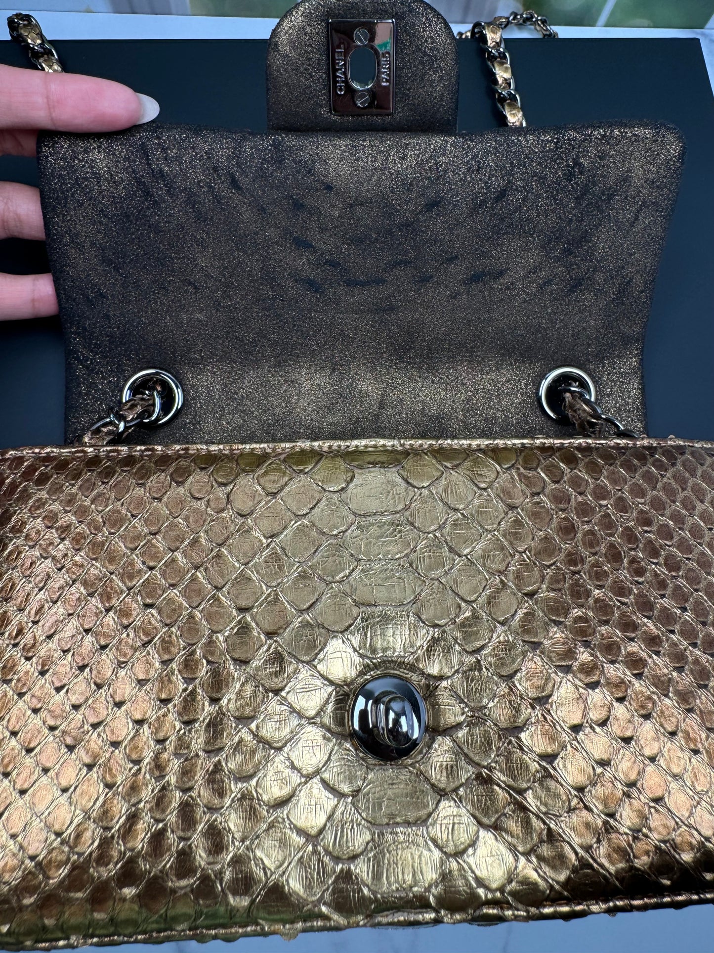 13B/Fall-Winter 2013 Act I SC-A69900 Chanel Timeless Classic Mini Rectangular Flap Golden Python/  MR - Metal Ruthenium (Polished) Hardware/ Suede Leather Interior Lining (SN 18457319)