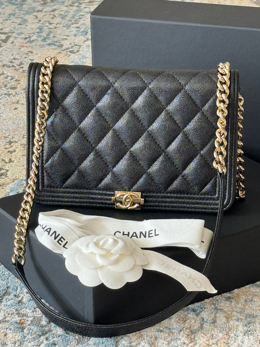 Circa 2019 SC-A81969 Chanel Le Boy Wallet on Chain WOC Shiny Black Caviar (Embossed/Pebbled Grained Calfskin)/Viscose Inner Lining/MSHLG-Metal Shiny Light Gold Hardware  (SN 28)