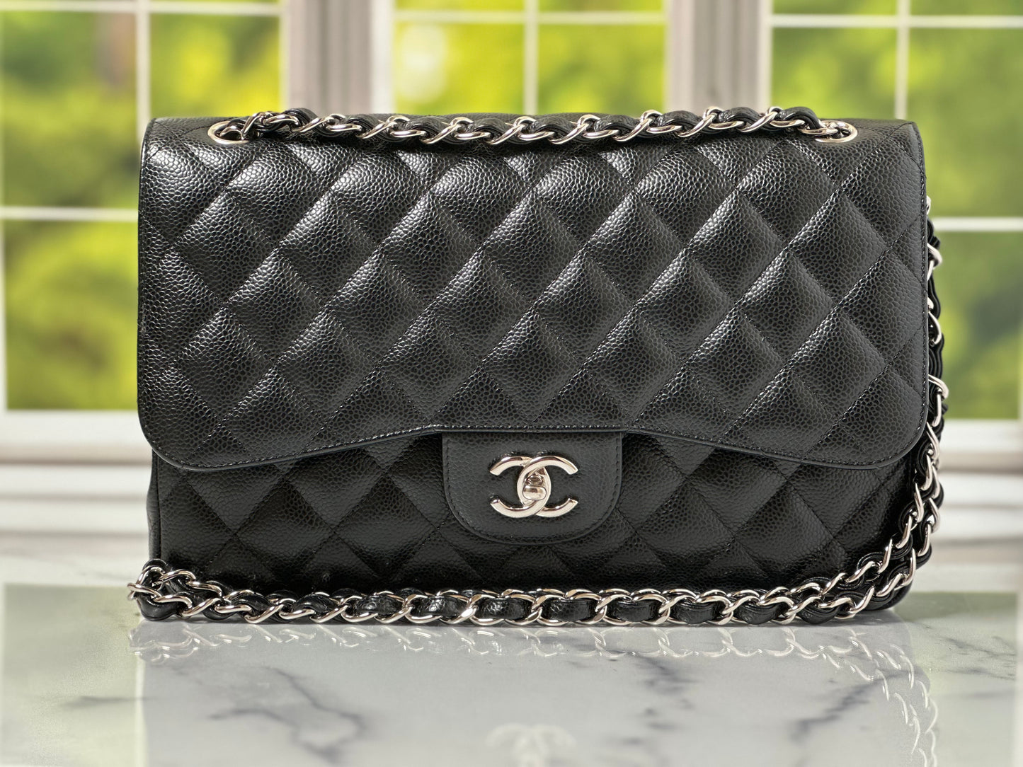 Preowned Chanel Classic Double Flap Jumbo Caviar Leather SHW  19449077