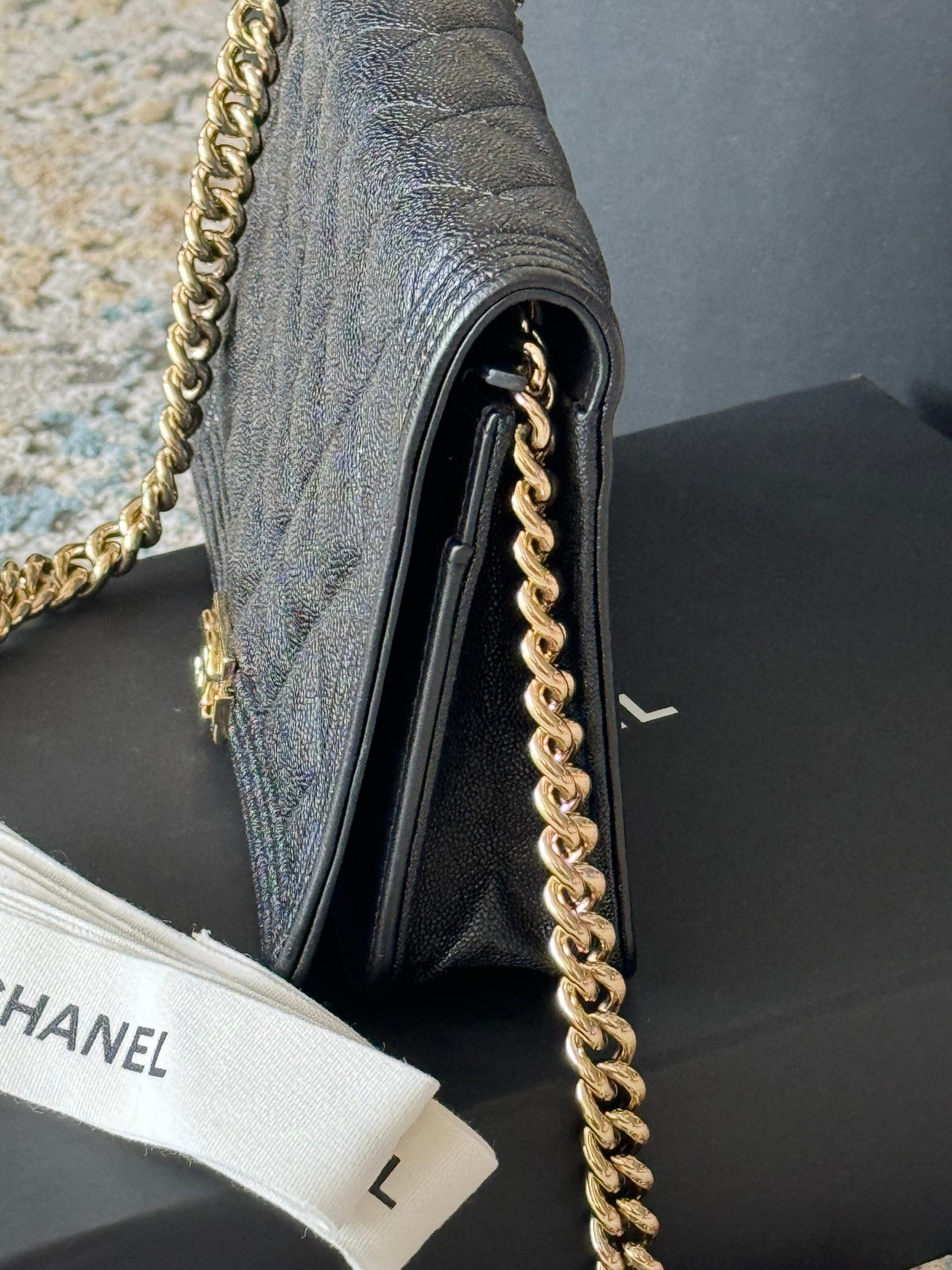 Circa 2019 SC-A81969 Chanel Le Boy Wallet on Chain WOC Shiny Black Caviar (Embossed/Pebbled Grained Calfskin)/Viscose Inner Lining/MSHLG-Metal Shiny Light Gold Hardware  (SN 28)