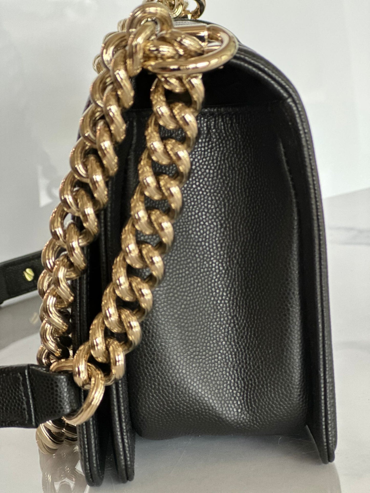 17P/SPRING 2017 ACT I SC-A67086 CHANEL LEBOY OLD "ORIGINAL' MEDIUM QUILTED FLAP BLACK CAVIAR STRIÉE/STRIPED CHAIN MSHLG/METAL SHINY LIGHT GOLD HARDWARE 23877206