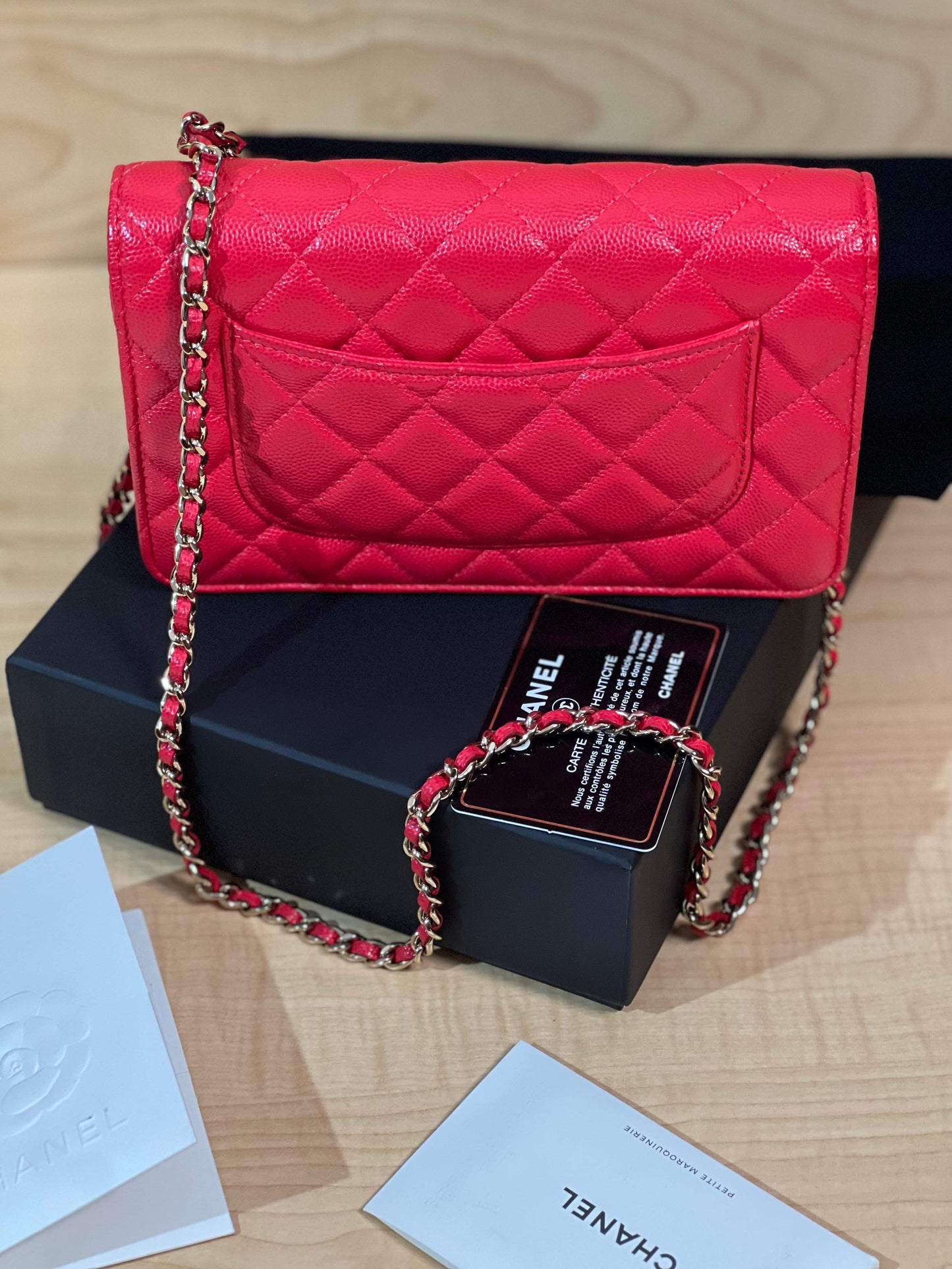 20C/Cruise 2020 SC-A33814 Chanel Timeless Classic Wallet on Chain WOC Quilted Red Caviar Caviar MSHLG/Metal Shiny Light Gold Hardware SN 28959065