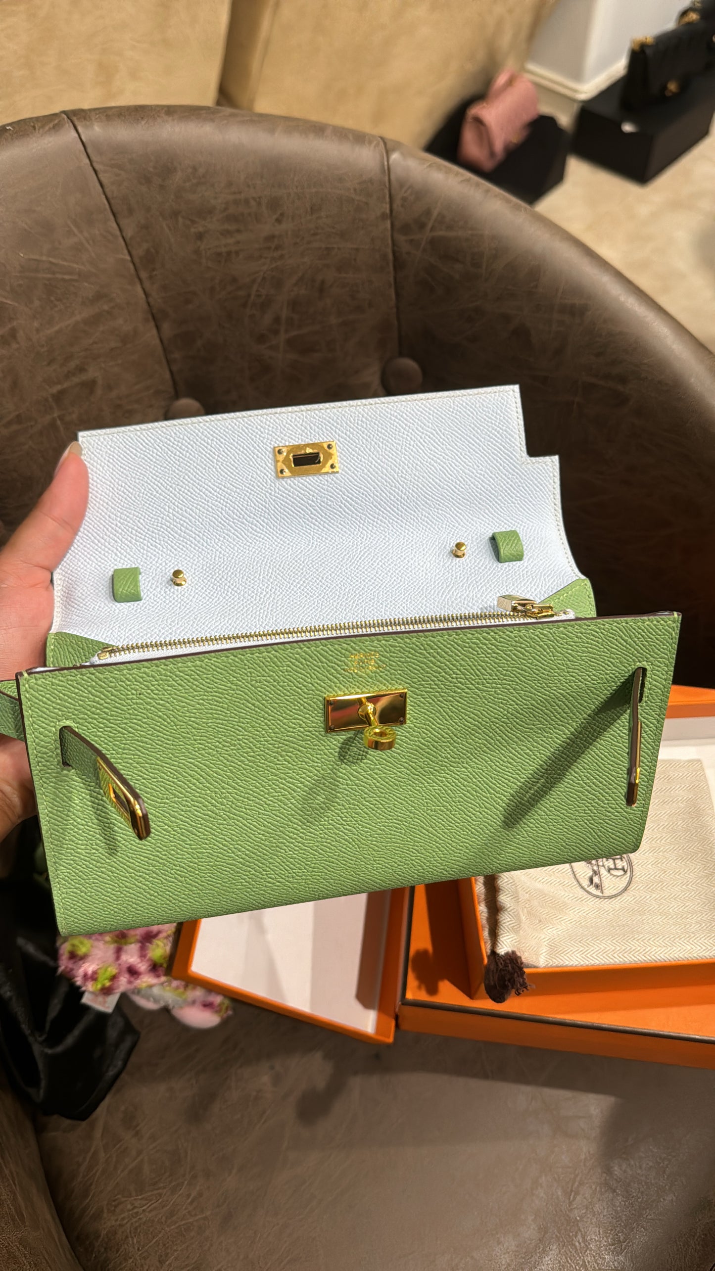 Preowned Hermes Kelly To Go Vert Criquet