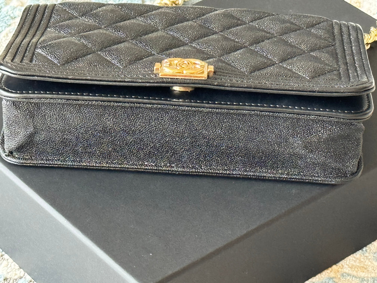 Circa 2019 SC-A81969 Chanel Le Boy Wallet on Chain WOC Shiny Black Caviar (Embossed/Pebbled Grained Calfskin)/Viscose Inner Lining/MSHLG-Metal Shiny Light Gold Hardware  (SN 28)